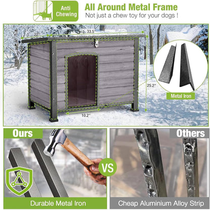 Heated Dog House Outdoor Insulated Dog Kennel with Heater, Durable Metal Frame, Chew-Resistant Cord, 6-Sided Thermal Liner, PVC Door Curtain for Winter (Grey)